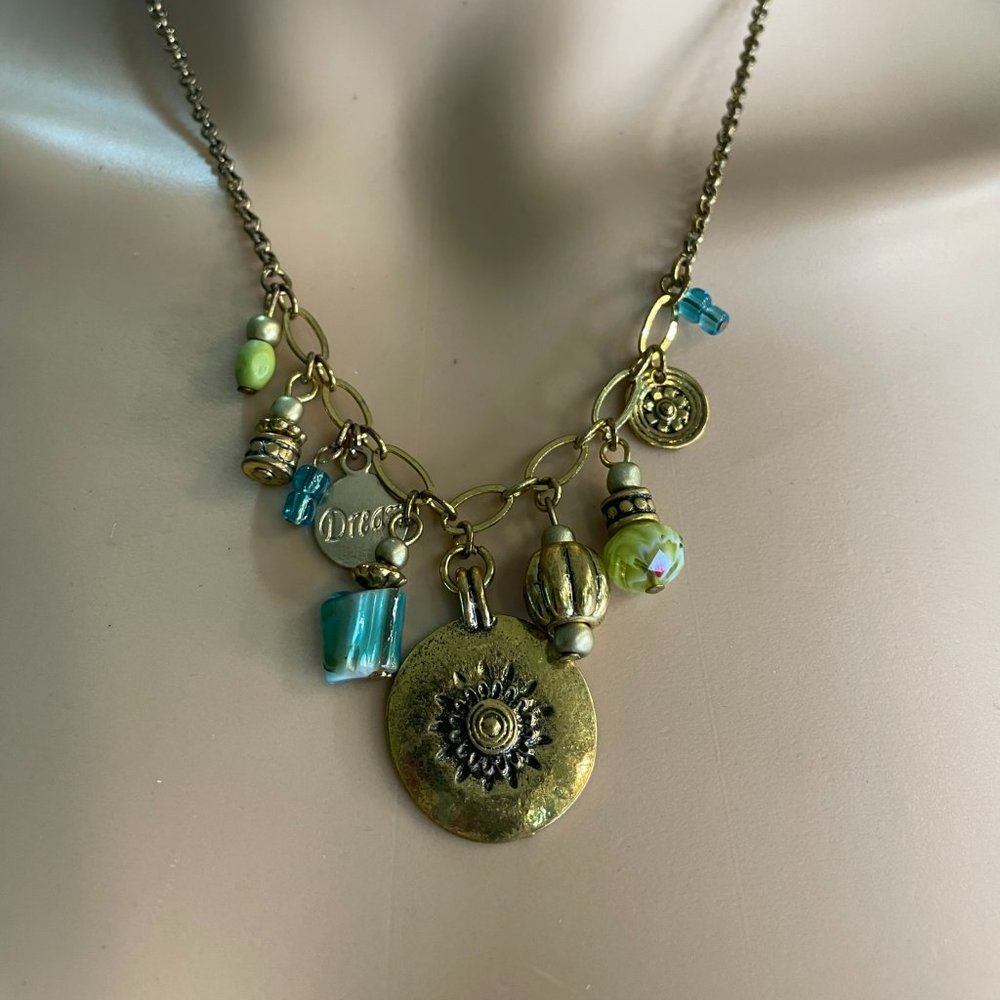 Vintage bronze necklace with stone and charms plus matching earrings